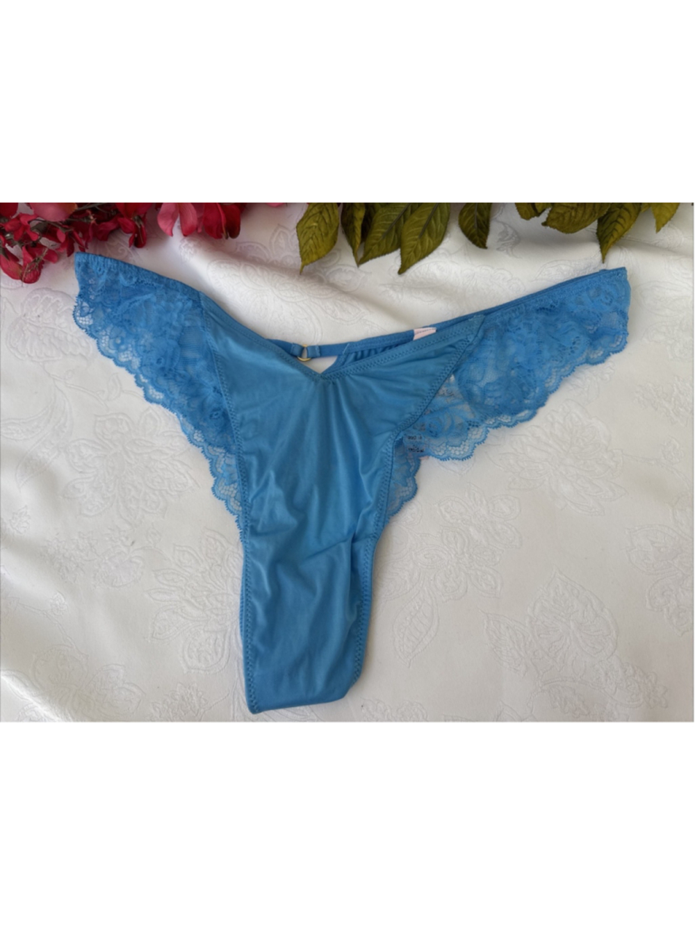 VICTORIA'S SECRET XL BLUE SILKY SEXY STRAP CHARM HI LEG TANGA THONG PANTIES NWT